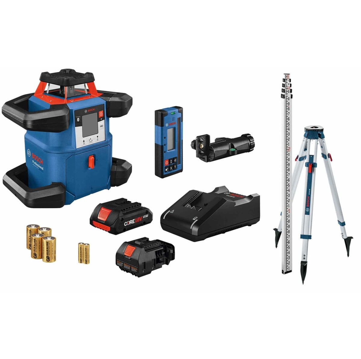 A comprehensive product group shot of the Bosch GRL4000-80CHK kit featuring the red beam rotary laser, LR40 receiver, CORE18V 4.0 Ah battery, charger, aluminum tripod, grade rod, and hard carrying case.