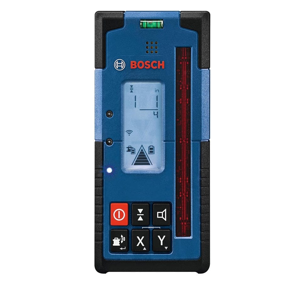 A front-facing view of the LR40 Laser Receiver digital screen showing signal indicators, battery status, and precise leveling measurements for outdoor grading applications.
