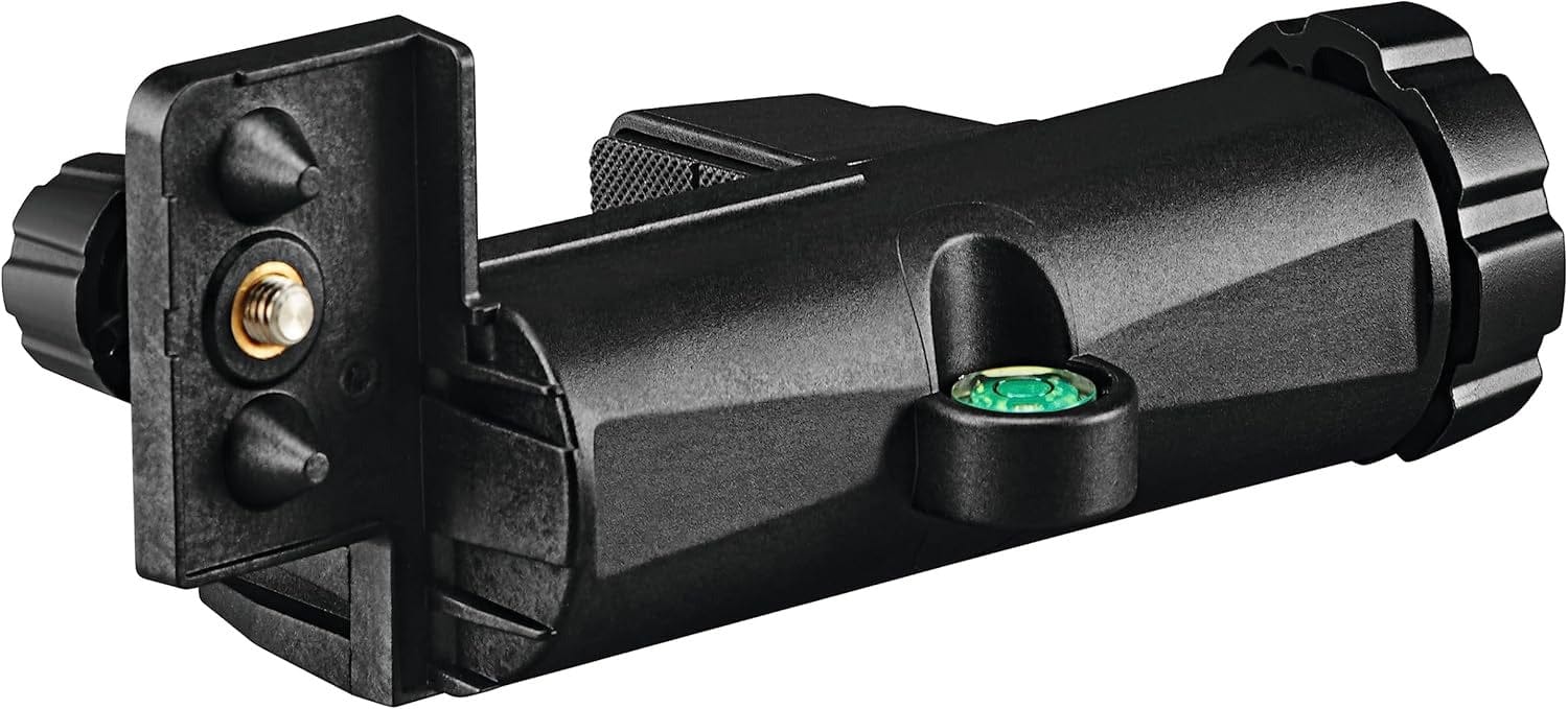 A close-up view of the black laser receiver bracket featuring a built-in circular bubble level and a mounting screw, designed for securing a Bosch laser receiver to a grade rod.