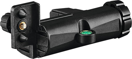 A close-up view of the black laser receiver bracket featuring a built-in circular bubble level and a mounting screw, designed for securing a Bosch laser receiver to a grade rod.