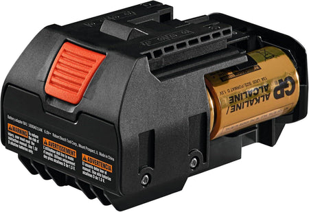 A Bosch BA1 alkaline battery adapter shown with two gold and black D-cell batteries partially inserted, providing a secondary power source for the rotary laser level.