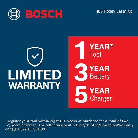 A Bosch warranty graphic for the 18V Rotary Laser Kit outlining a 1-year tool warranty, a 3-year battery warranty, and a 5-year charger warranty, with instructions for online registration.