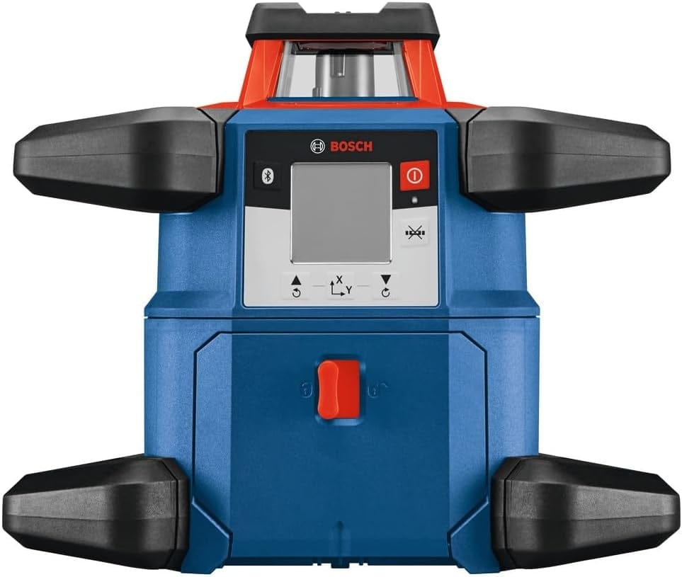 A front-facing view of the Bosch GRL4000-80CH rotary laser unit, showcasing the large backlit LCD screen, Bluetooth connectivity icon, and the rugged cage overmold design for jobsite durability.