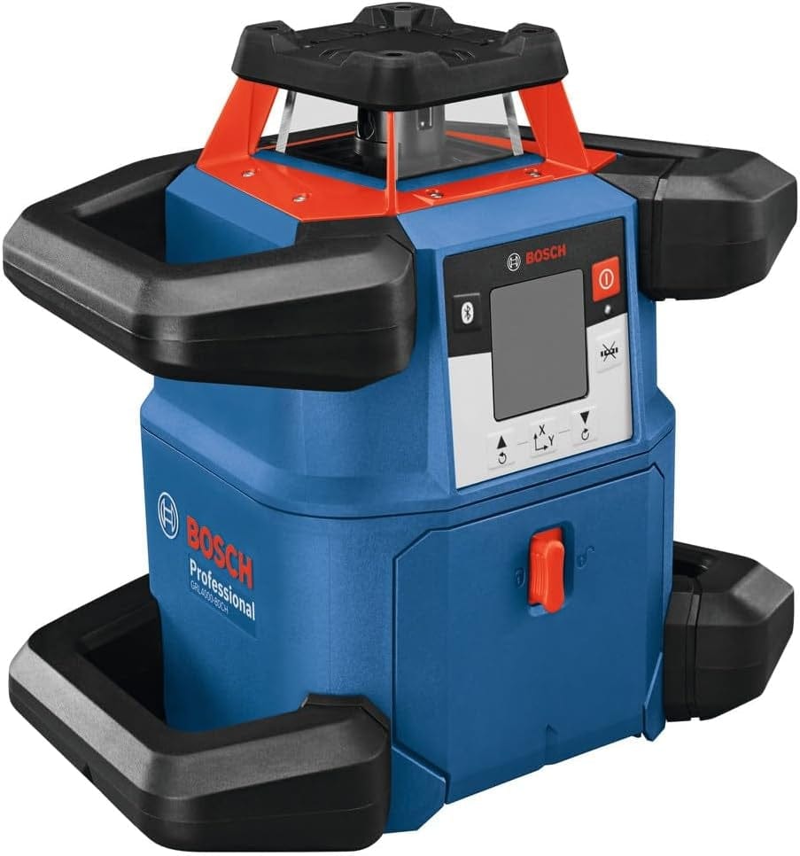 A perspective view of the Bosch REVOLVE4000 connected rotary laser showing the robust handle design and protective red housing for the self-leveling laser mechanism.