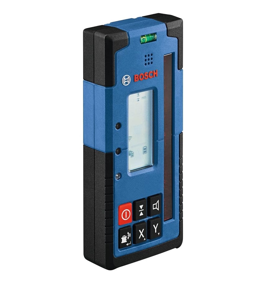 An angled studio shot of the Bosch LR40 Laser Receiver in blue and black, showing the long reception window for detecting red laser beams over a 4,000-foot range.