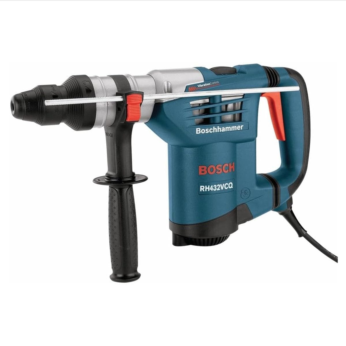 A full side view studio photograph of the blue, silver, and black Bosch RH432VCQ 1-1/4 inch SDS-plus rotary hammer drill, displaying its primary D-handle grip with a red trigger, an adjustable black auxiliary side handle, a long ribbed metal depth gauge rod, and the prominent Boschhammer product branding against a solid white background.