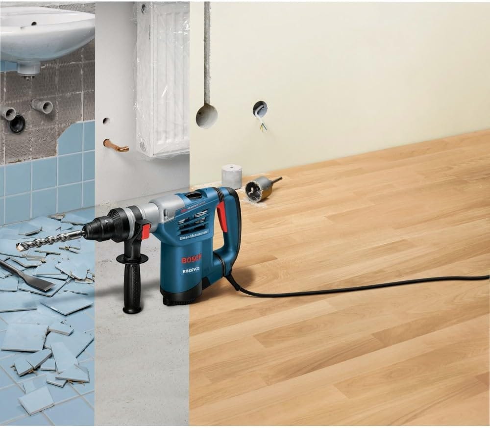 A composite multi-panel application graphic showcasing the Bosch 1-1/4 inch rotary hammer drill in the center, with background sections illustrating its distinct capabilities: lifting and chiseling ceramic tile floor grout on the left, drilling clean anchoring pathways into solid masonry walls in the middle, and core drilling structural passages through dry partition panels on the right.
