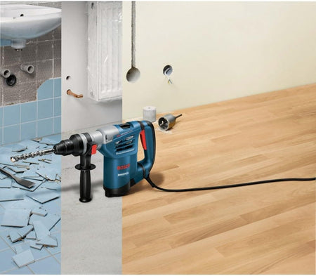 A composite multi-panel application graphic showcasing the Bosch 1-1/4 inch rotary hammer drill in the center, with background sections illustrating its distinct capabilities: lifting and chiseling ceramic tile floor grout on the left, drilling clean anchoring pathways into solid masonry walls in the middle, and core drilling structural passages through dry partition panels on the right.