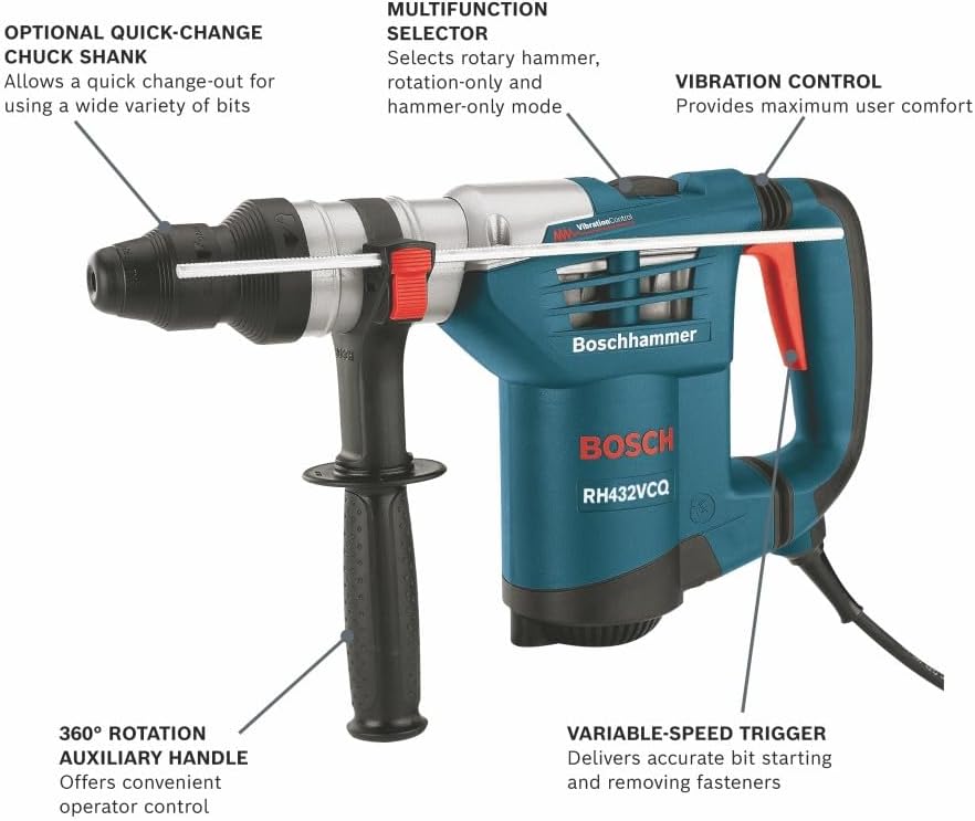 An informational product diagram of the Bosch RH432VCQ SDS-plus rotary hammer drill, containing clean pointer lines and text descriptions highlighting its optional quick-change chuck shank, multifunction mode selector, integrated vibration control points, 360-degree rotation auxiliary handle, and responsive variable-speed trigger.