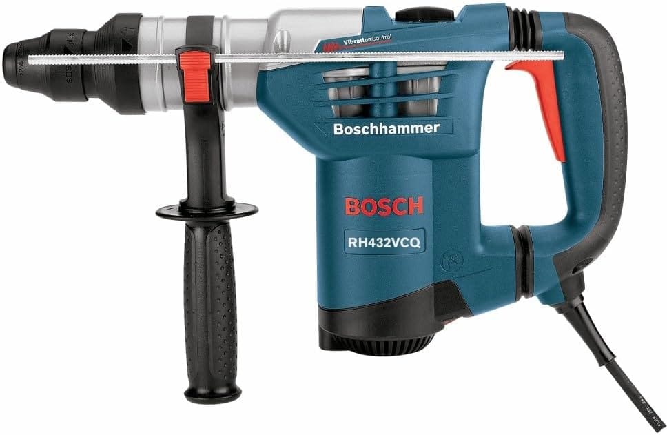 A clean flat-lay side profile view of the blue Bosch 1-1/4 inch corded pneumatic rotary hammer drill, illustrating the structural alignment of the quick-change chuck, the horizontal depth stop rod, and the bottom-mounted motor cylinder casing against a white background.