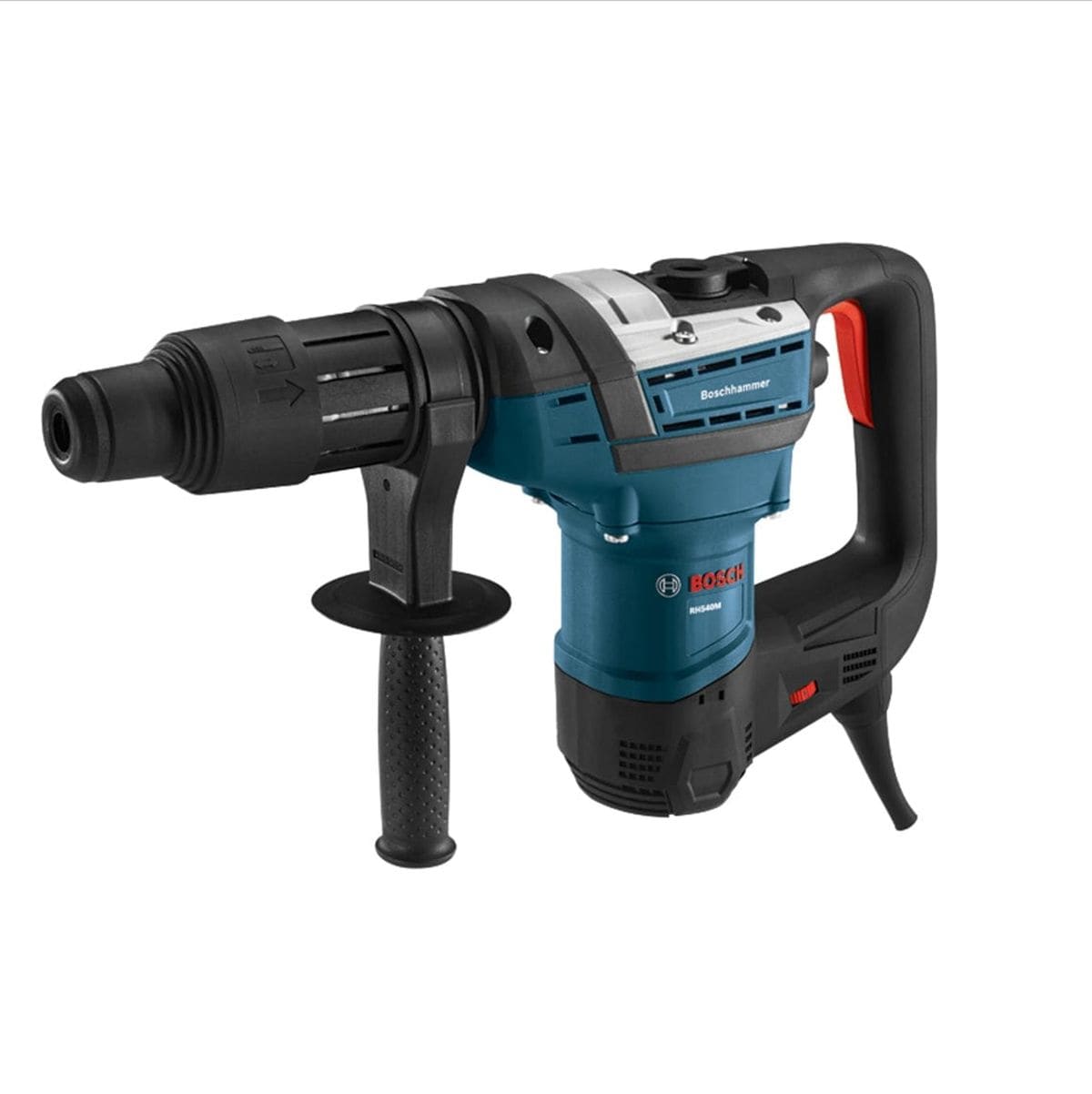 Boschhammer rotary hammer drill with side handle and SDS chuck system, designed for heavy-duty concrete and masonry work, shown with Bosch Professional branding.