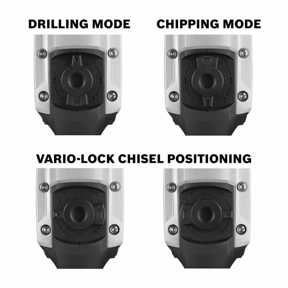 Four images show the combination hammer's mode selector knob set to drilling mode, chipping mode, and two different Vario-Lock chisel positions.