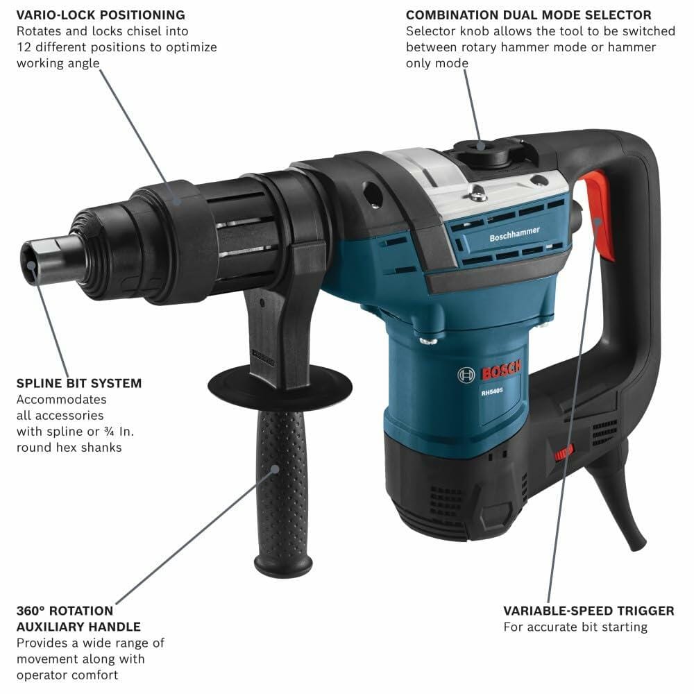 The Bosch RH540S combination hammer with callouts pointing to key features: Vario-Lock positioning, combination dual mode selector, spline bit system, 360-degree rotation auxiliary handle, and the variable-speed trigger.