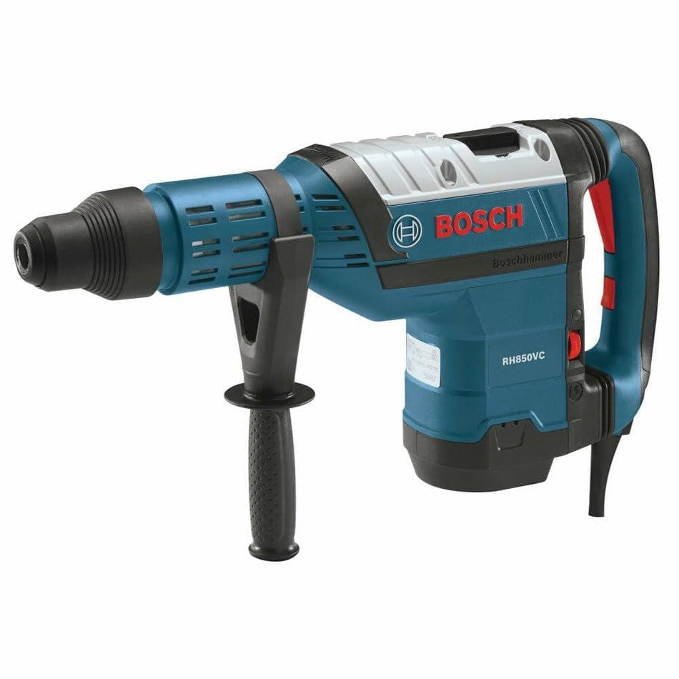 A studio image of the Bosch RH850VC SDS-max combination hammer, shown from a three-quarter angle with the auxiliary handle attached.