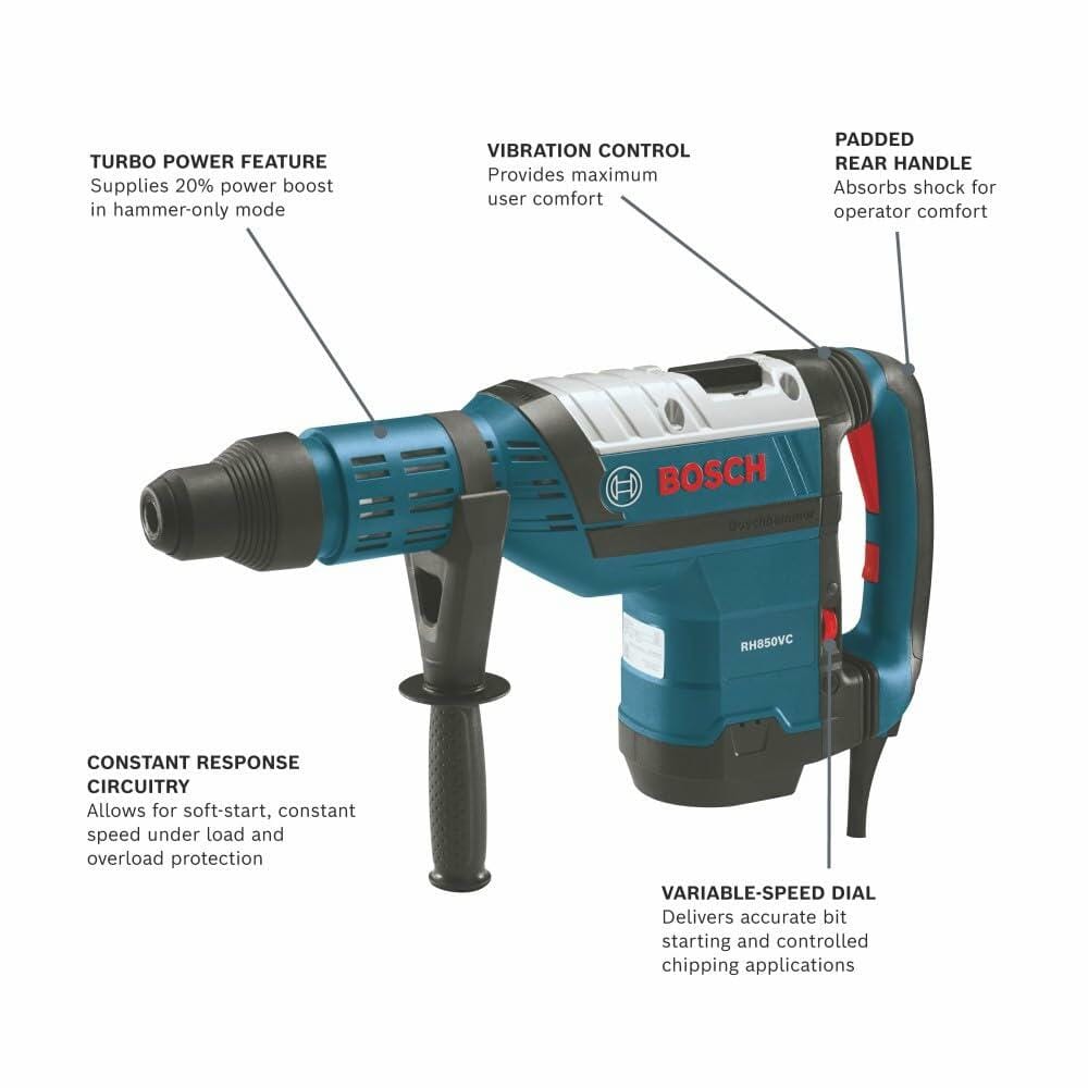 A features diagram of the Bosch RH850VC combination hammer, pointing out the Turbo Power feature, Vibration Control, padded rear handle, Constant Response circuitry, and variable-speed dial.