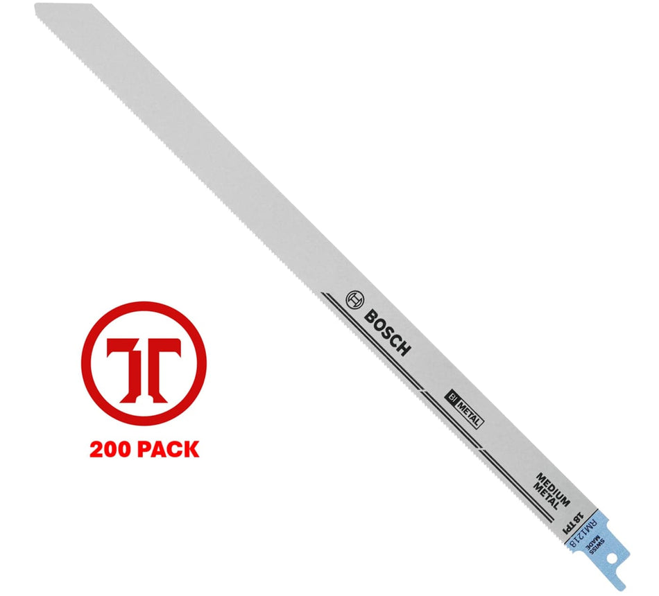 A professional product photograph of a single 12 inch Bosch bi-metal reciprocating saw blade. The blade is silver with a blue shank, featuring the Bosch logo and technical text for its 18 TPI design and medium metal application. A red 200-pack logo is positioned on the left to indicate the bulk industrial quantity.