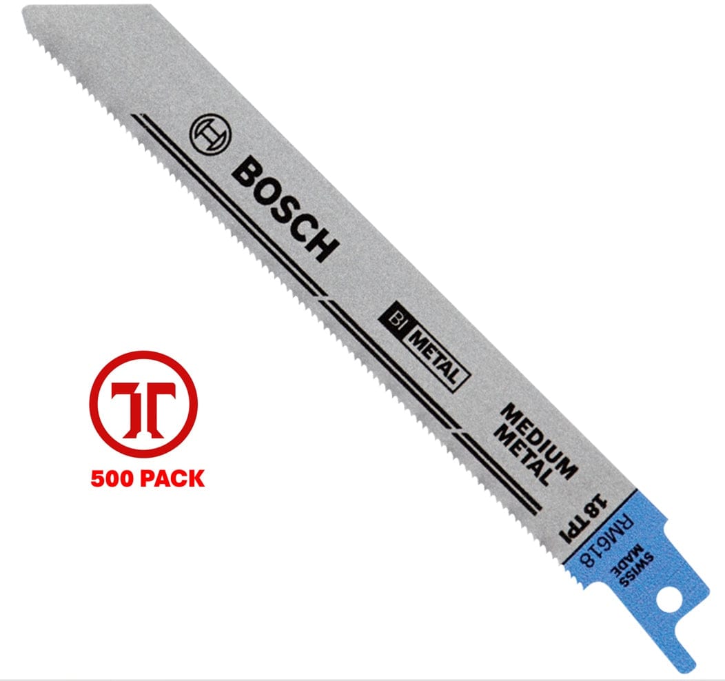 A high-resolution product photograph of a single 6 inch Bosch bi-metal reciprocating saw blade for medium metal. The blade is silver with a blue shank, featuring the Bosch logo and technical text highlighting its 18 TPI design and Swiss-made quality. A red 500-pack graphic is featured on the left to indicate the bulk quantity.