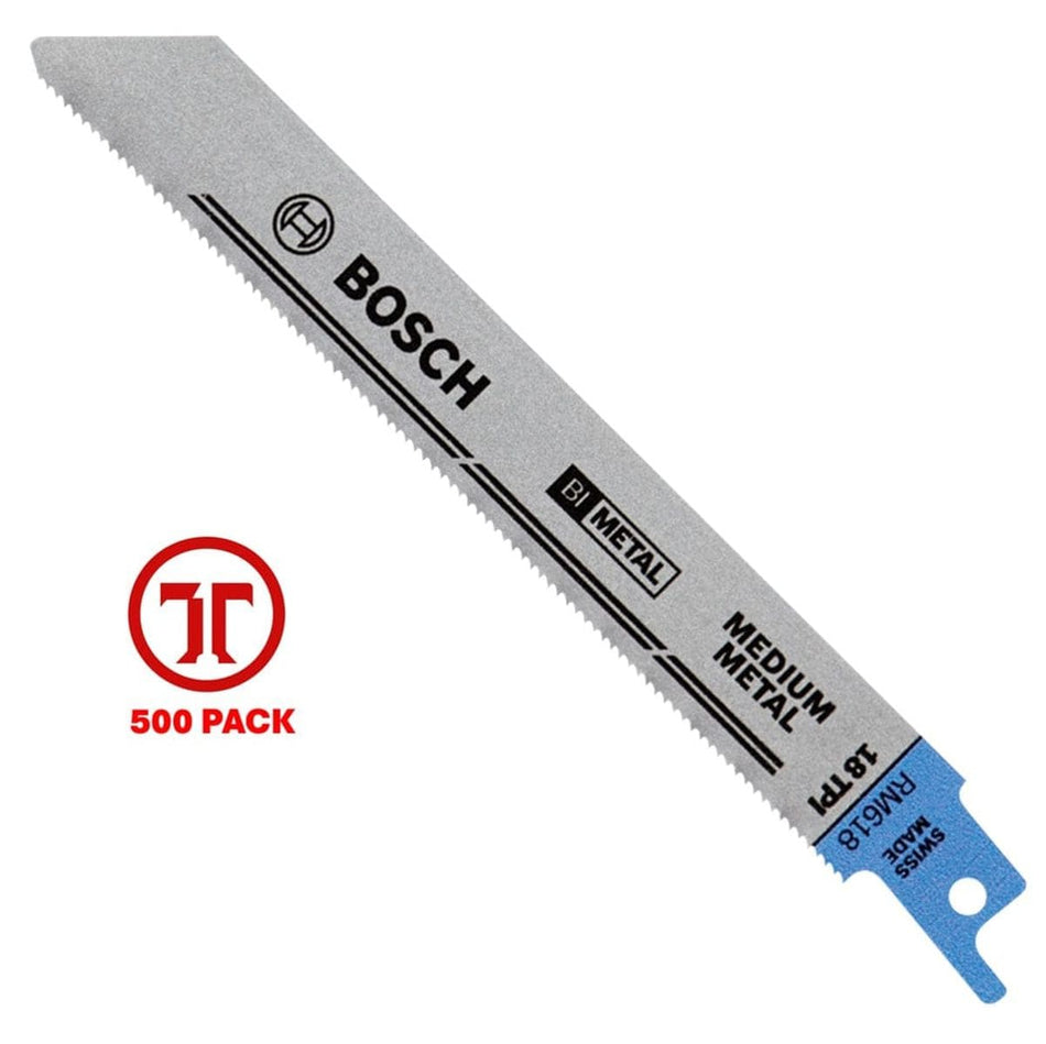 A high-resolution product photograph of a single 6 inch Bosch bi-metal reciprocating saw blade for medium metal. The blade is silver with a blue shank, featuring the Bosch logo and technical text highlighting its 18 TPI design and Swiss-made quality. A red 500-pack graphic is featured on the left to indicate the bulk quantity.