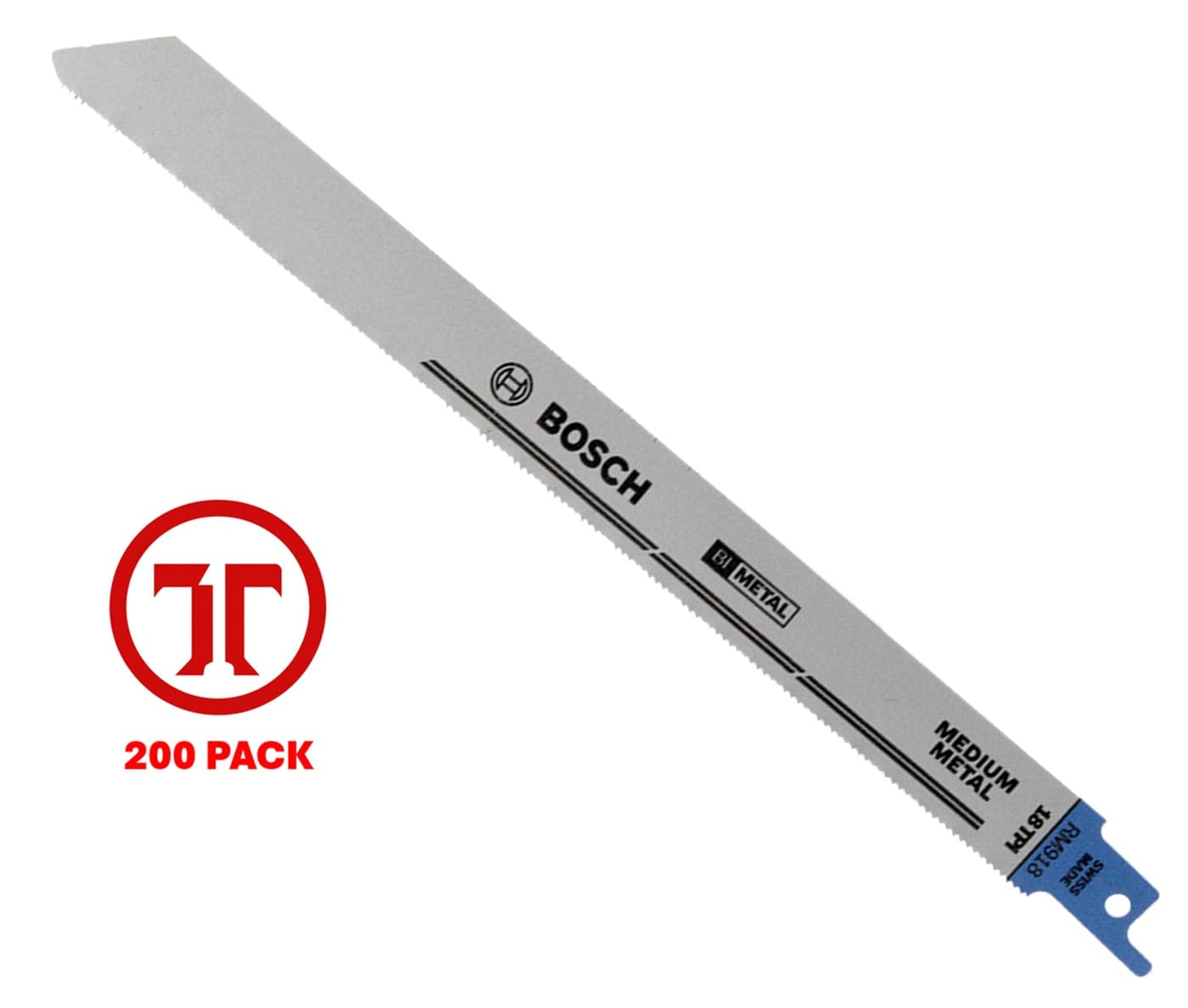 A professional product photograph of a single 9 inch Bosch bi-metal reciprocating saw blade. The blade is silver with a blue shank, featuring the Bosch logo and technical text for its 18 TPI design and medium metal application. A red 200-pack logo is positioned on the left to indicate the bulk industrial quantity.