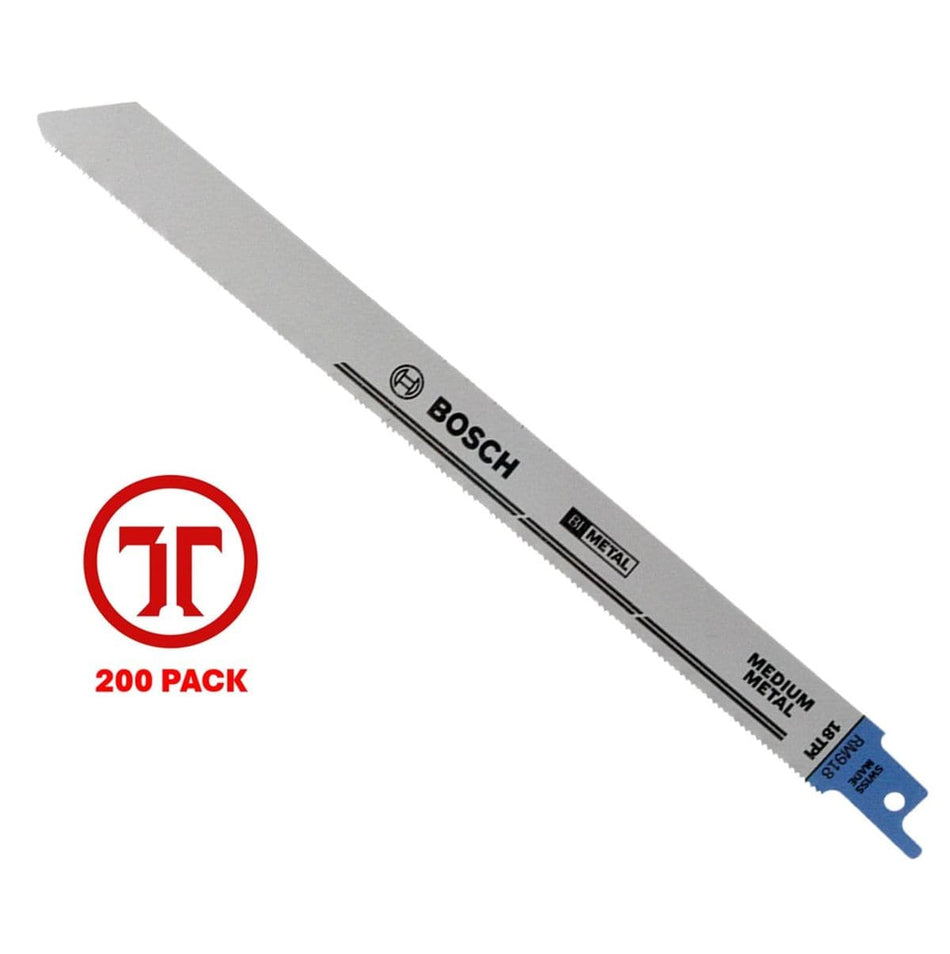 A professional product photograph of a single 9 inch Bosch bi-metal reciprocating saw blade. The blade is silver with a blue shank, featuring the Bosch logo and technical text for its 18 TPI design and medium metal application. A red 200-pack logo is positioned on the left to indicate the bulk industrial quantity.