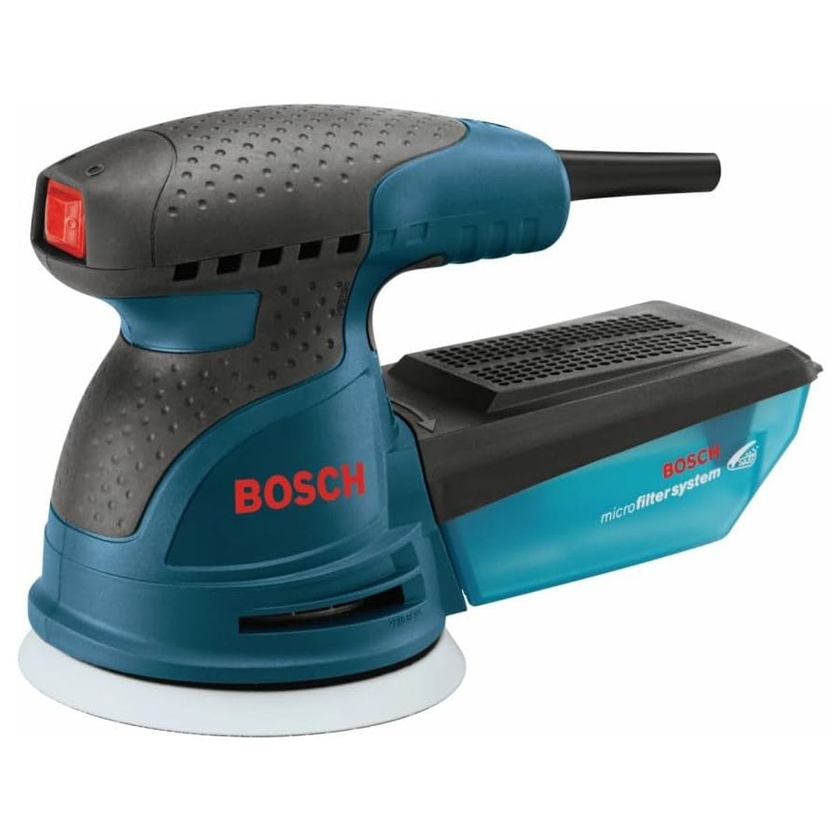 A full side view of the blue and black Bosch 5-inch palm random orbit sander, showcasing its compact ergonomic housing, texturized rubber palm grip top, red power toggle switch, and a clear blue translucent microfilter dust canister extension against a solid white background.