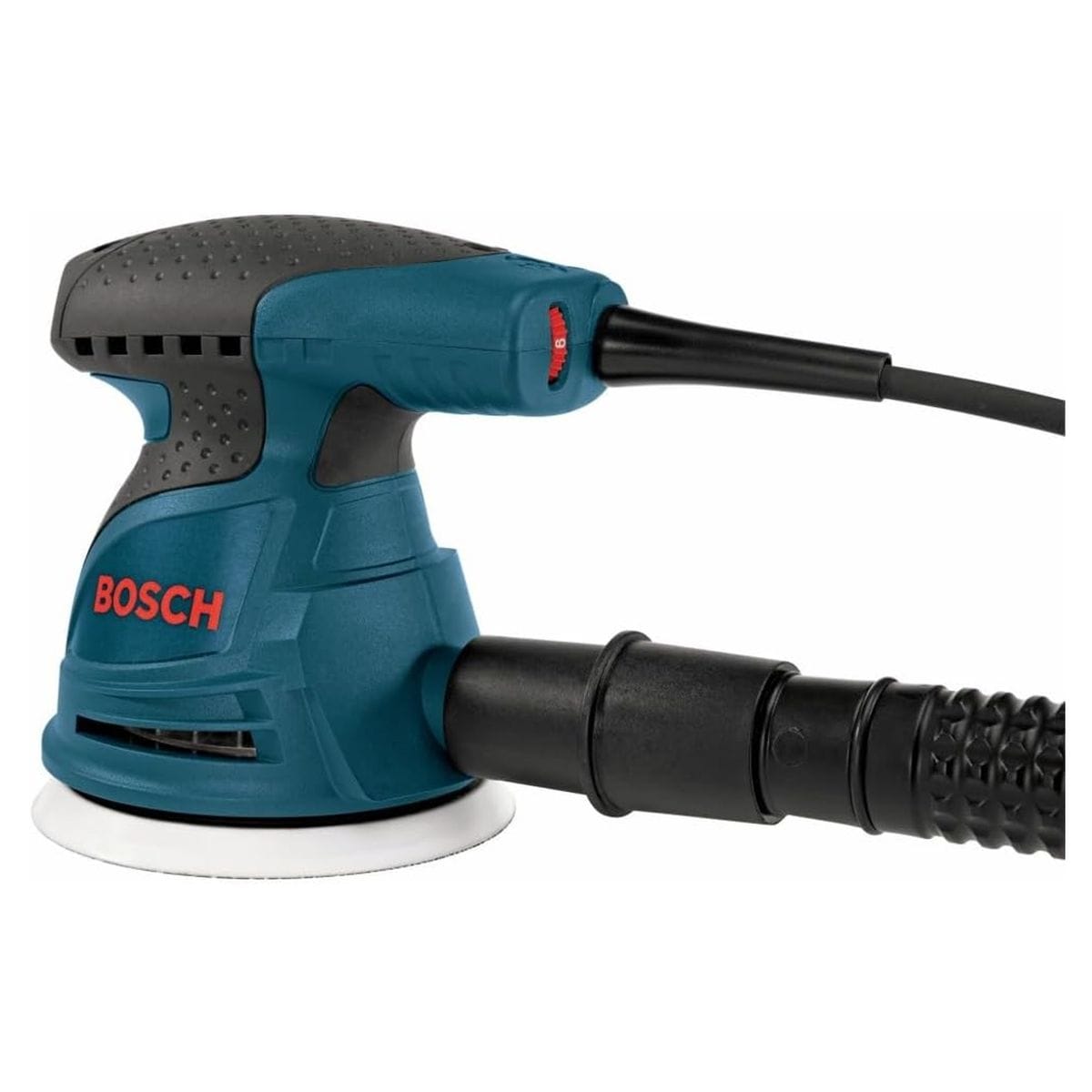 A profile shot of the Bosch 5-inch palm random orbit sander with the dust canister removed, demonstrating a solid black vacuum hose adapter sleeve connected directly to the rear dust extraction port nozzle.