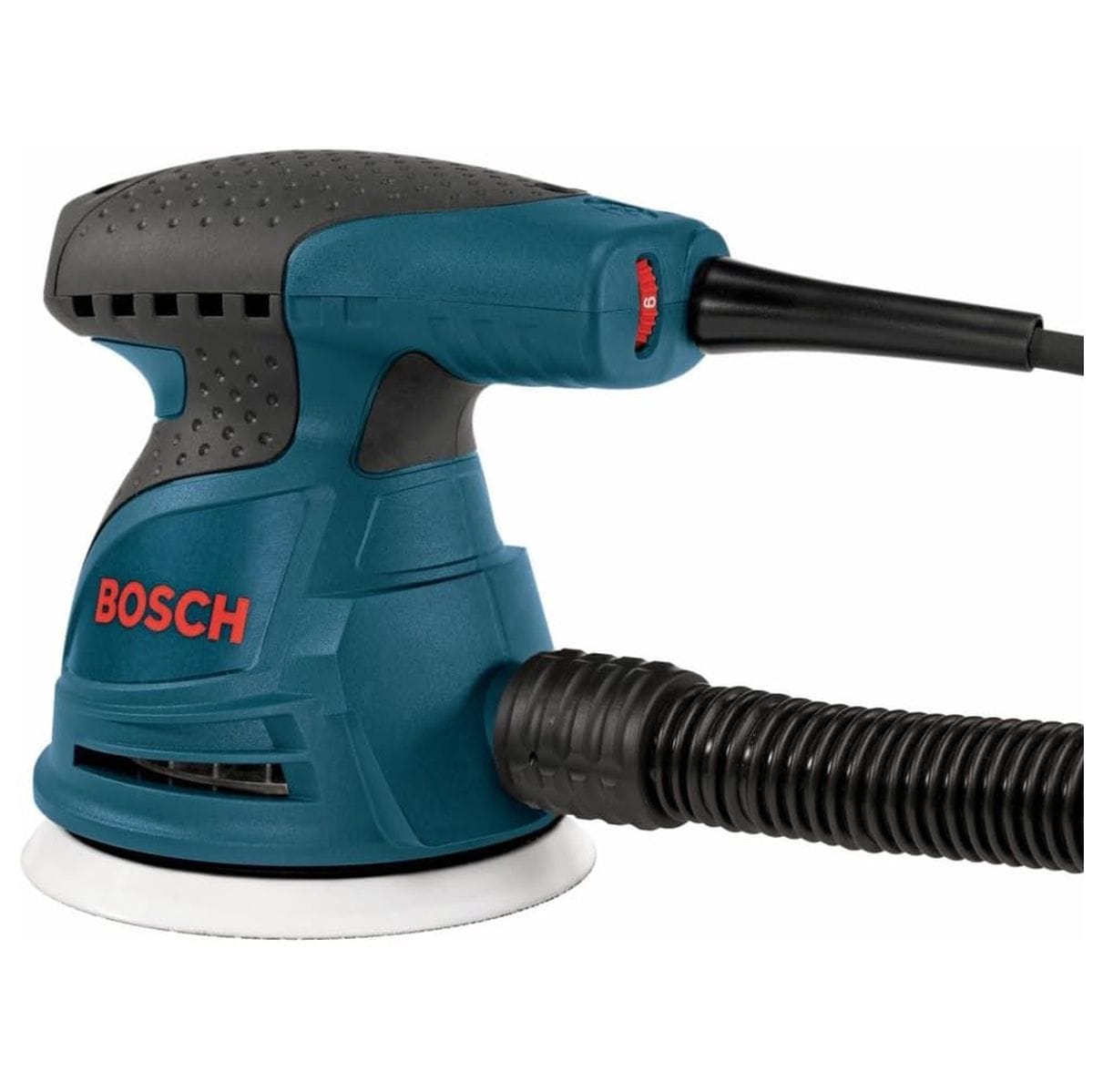 A side shot of the Bosch corded 5-inch palm sander machine, displaying a flexible corrugated black vacuum extraction hose linked directly to the integrated rear collection port.