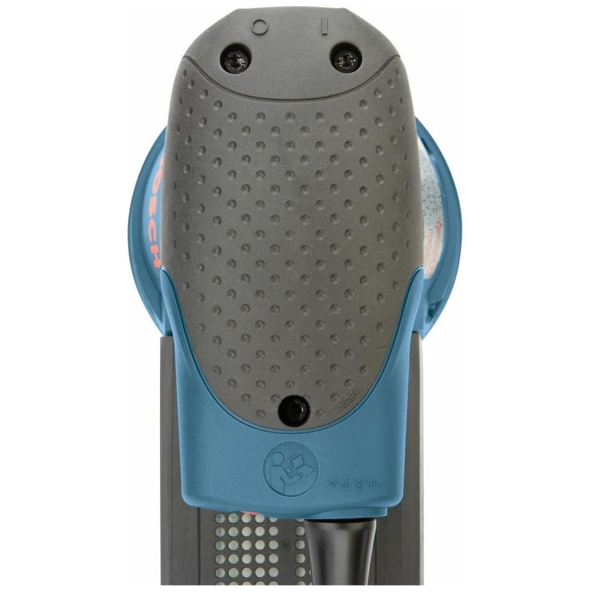 A clean top-down overhead view of the texturized black rubber palm grip zone on the Bosch random orbit sander, showcasing the anti-slip dimple patterns and the vertical cord entry point.