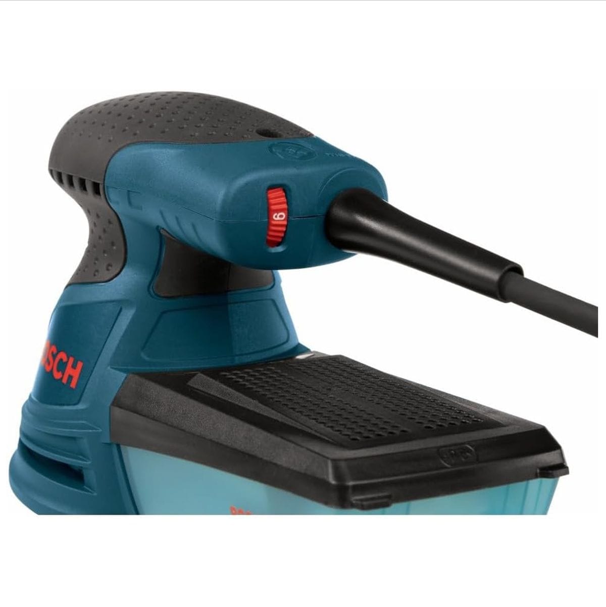 A close-up back-angle view of the sander's rear handle handle area, highlighting the red variable-speed thumbwheel dial resting directly beneath the reinforced power cord protection boot.