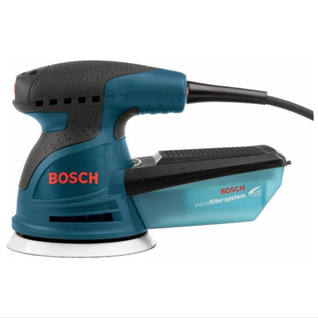 A flat profile view of the right side of the Bosch 5-inch random orbit sander, detailing the proportional length balance between the front motor cylinder housing and the rear-mounted microfilter system canister box.