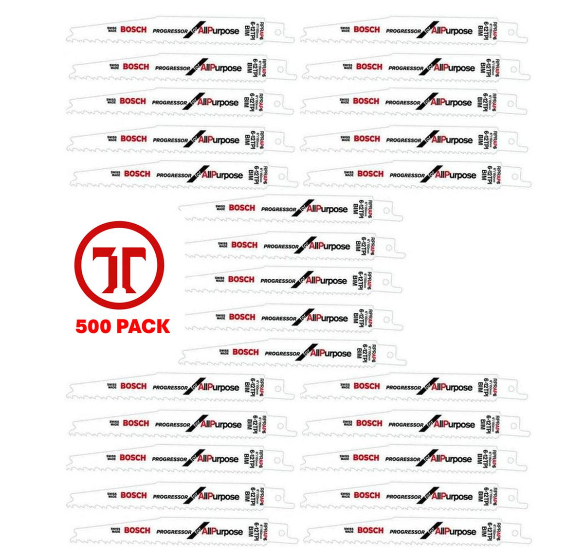 A comprehensive product layout featuring numerous 6 inch Bosch Progressor bi-metal reciprocating saw blades for wood. The silver blades are arranged in rows and include technical branding for the 6/12 TPI variable tooth design and All Purpose application. A red 500-pack logo is featured prominently in the center to signify the bulk industrial quantity.
