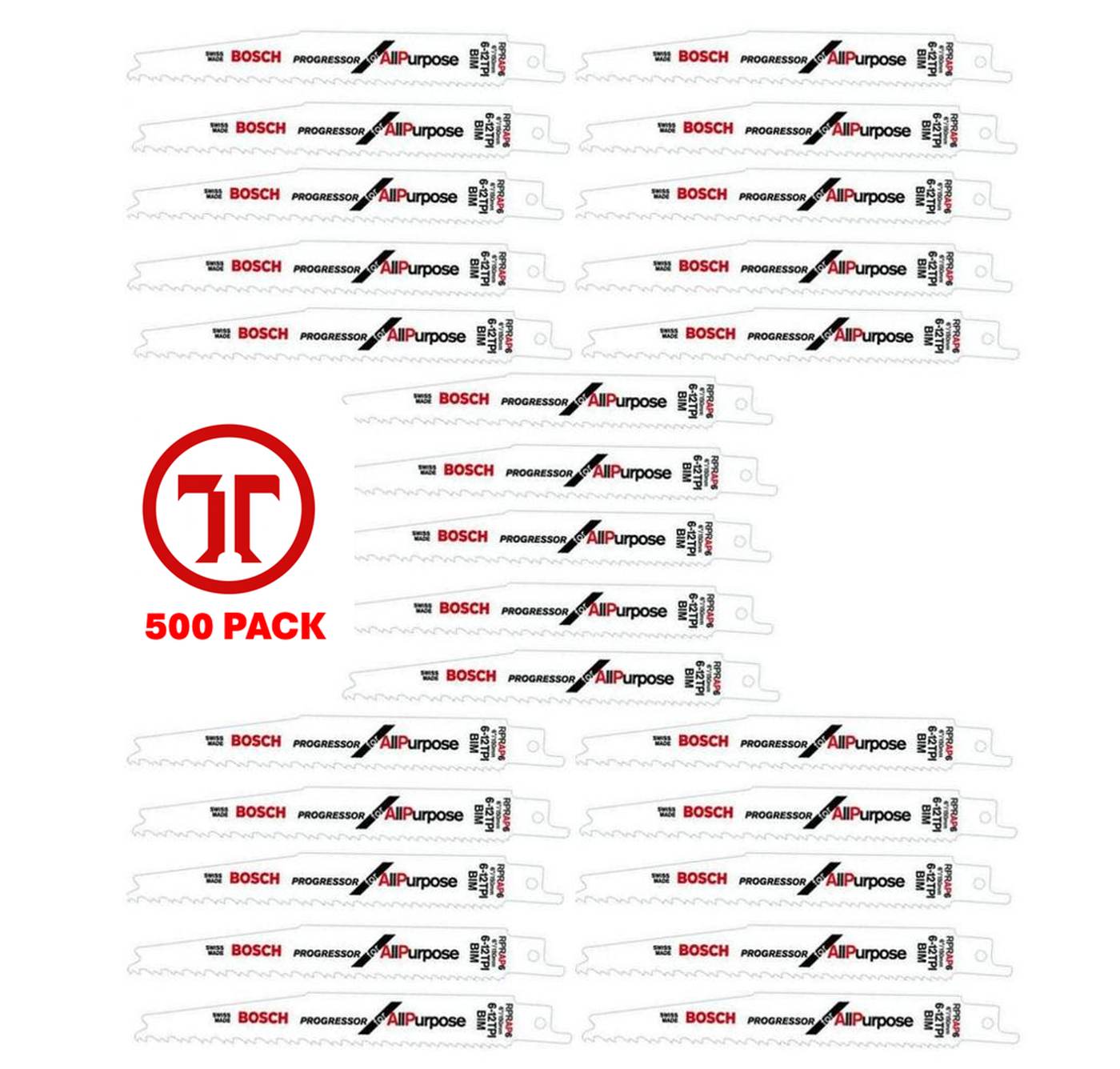 A comprehensive product layout featuring numerous 6 inch Bosch Progressor bi-metal reciprocating saw blades for wood. The silver blades are arranged in rows and include technical branding for the 6/12 TPI variable tooth design and All Purpose application. A red 500-pack logo is featured prominently in the center to signify the bulk industrial quantity.