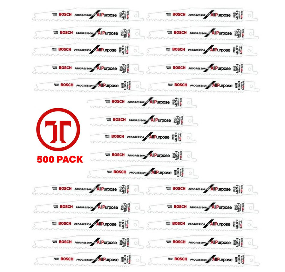 A comprehensive product layout featuring numerous 6 inch Bosch Progressor bi-metal reciprocating saw blades for wood. The silver blades are arranged in rows and include technical branding for the 6/12 TPI variable tooth design and All Purpose application. A red 500-pack logo is featured prominently in the center to signify the bulk industrial quantity.