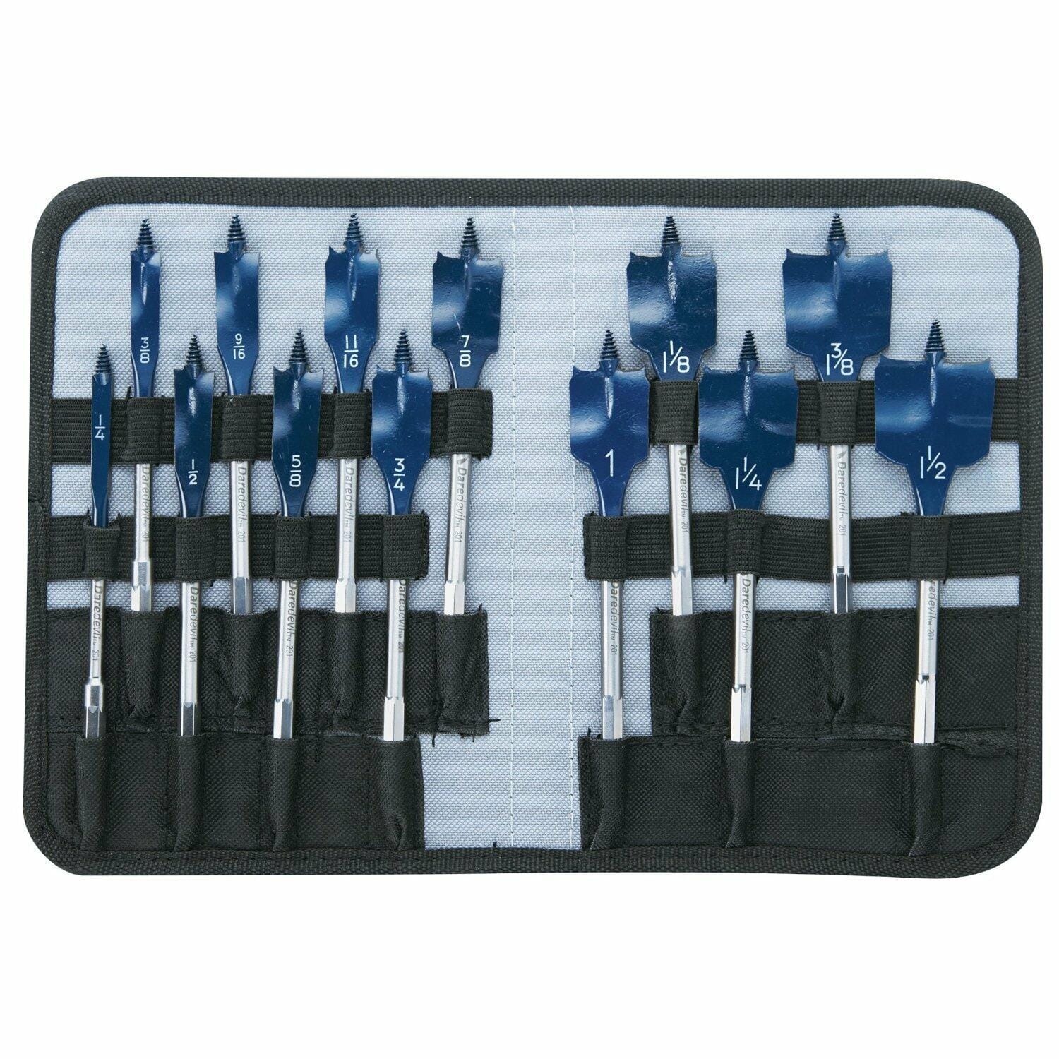 Bosch RapidFeed spade drill bit set displayed in a nylon fabric case. Bits are arranged in two rows with elastic straps and labeled sizes printed in white on blue-painted heads. Sizes range from 3/8" to 1-1/4", designed for fast, clean wood drilling.