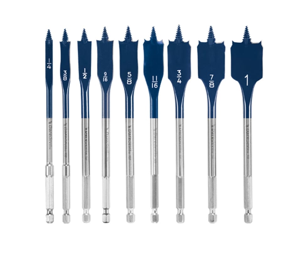 Studio view of nine blue Daredevil spade bits arranged by size ranging from 1/4 inch to 1 inch.