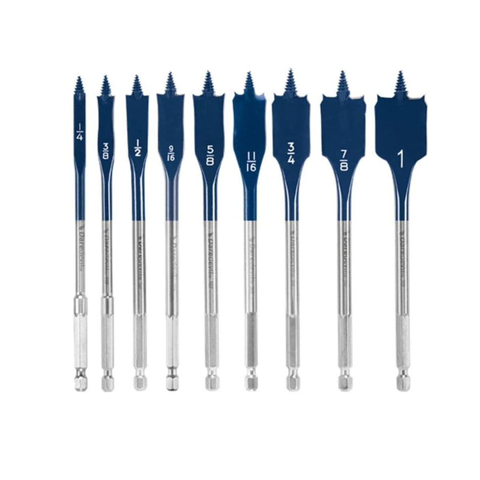 Studio view of nine blue Daredevil spade bits arranged by size ranging from 1/4 inch to 1 inch.