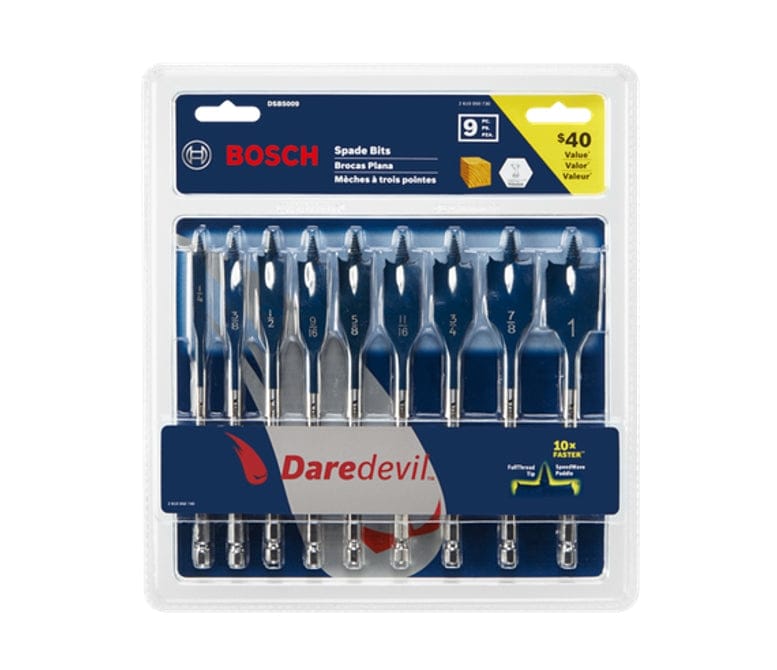 Front view of the retail packaging containing a 9-piece spade bit set highlighting features like 10x faster speed and full-thread tips.