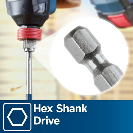 Close-up view of the bit's shank with a magnifying graphic highlighting the 1/4 inch hex shank drive geometry.