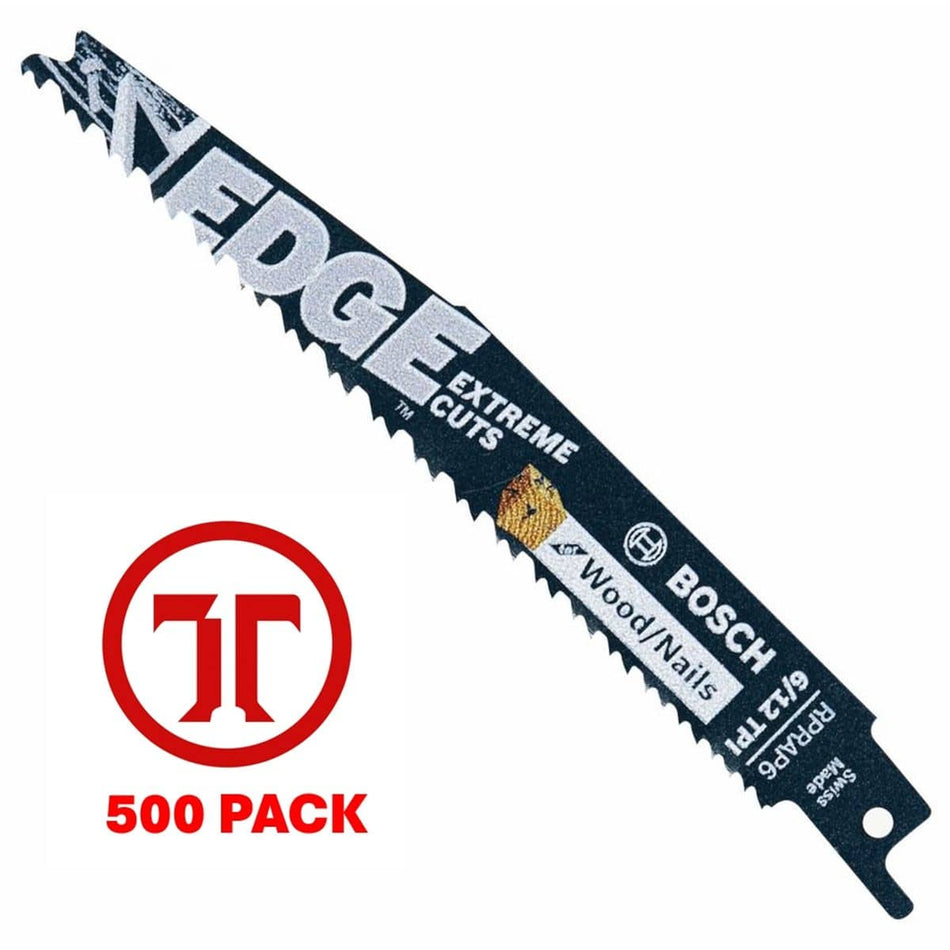 A Bosch Edge RPRAP6 6-inch reciprocating saw blade displayed diagonally against a white background alongside a red circular brand logo and bold red 500 PACK text at the bottom left, illustrating the high-density bulk package configuration of these 6/12 TPI bi-metal wood cutting demolition blades.