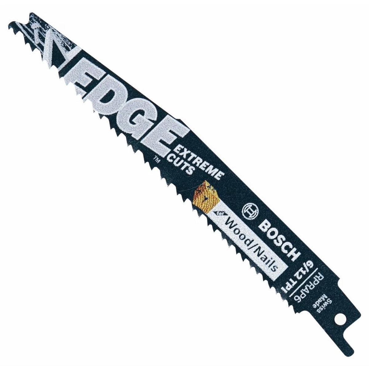 A close-up view of a single Bosch Edge RPRAP6 reciprocating saw blade laid diagonally on a solid white background, showcasing the bi-metal taper back design, 6/12 variable TPI tooth geometry, and printed labels indicating it is engineered for extreme wood and nail cutting demolition tasks.