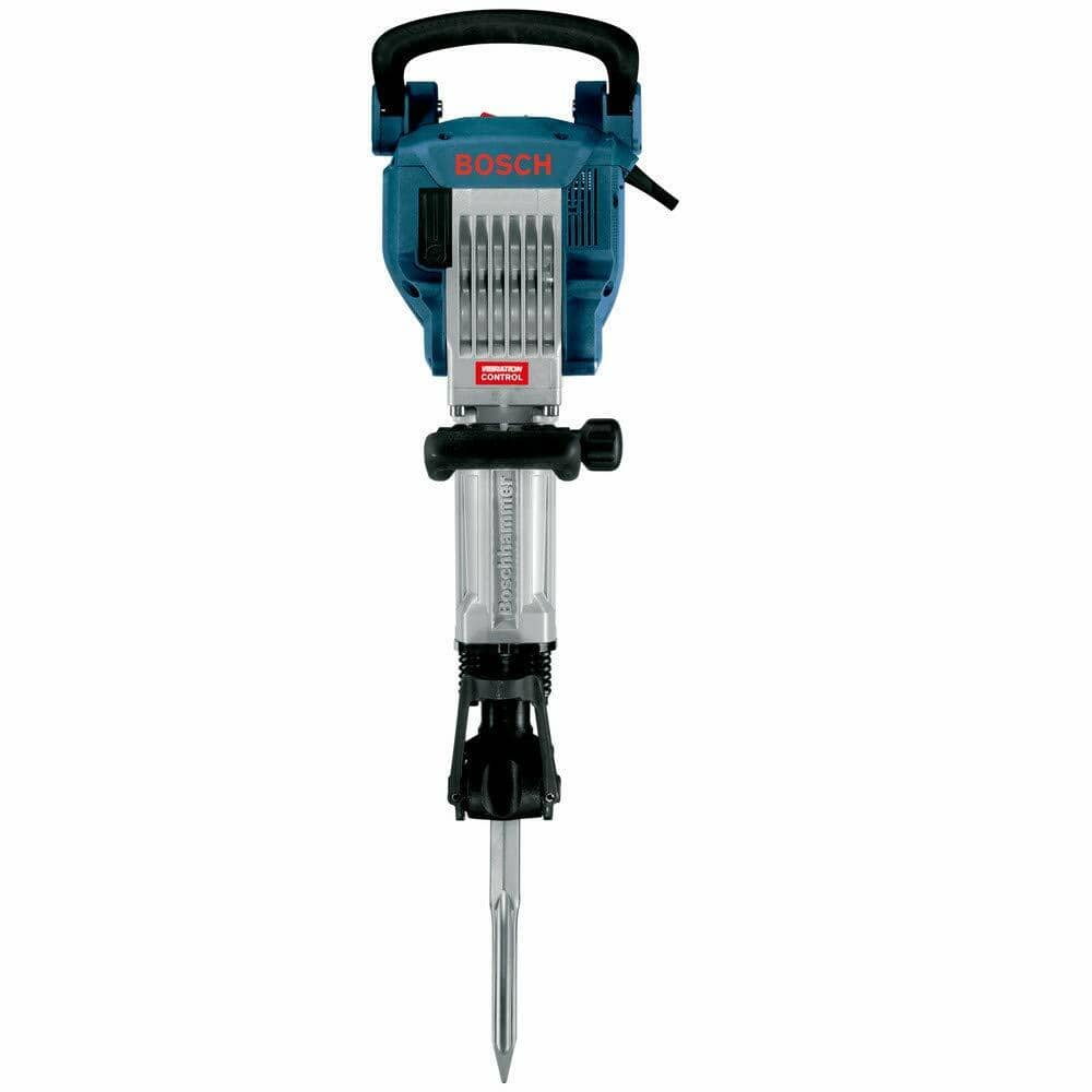Front studio view of the Bosch 11335K Jack breaker hammer with a pointed chisel bit installed, highlighting its in-line design.