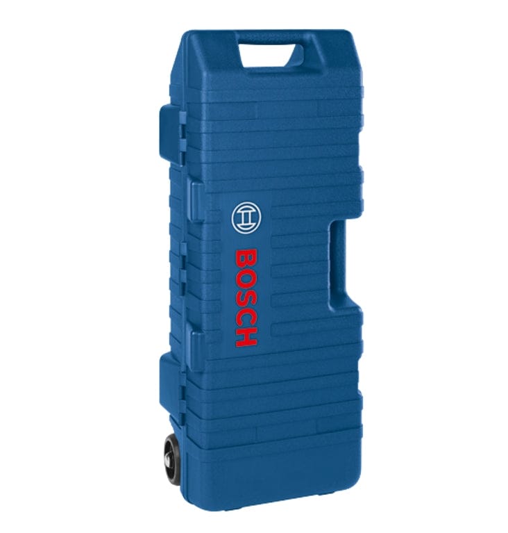 The blue Bosch hard carrying case for the breaker hammer, shown standing vertically with its built-in wheels visible at the base.