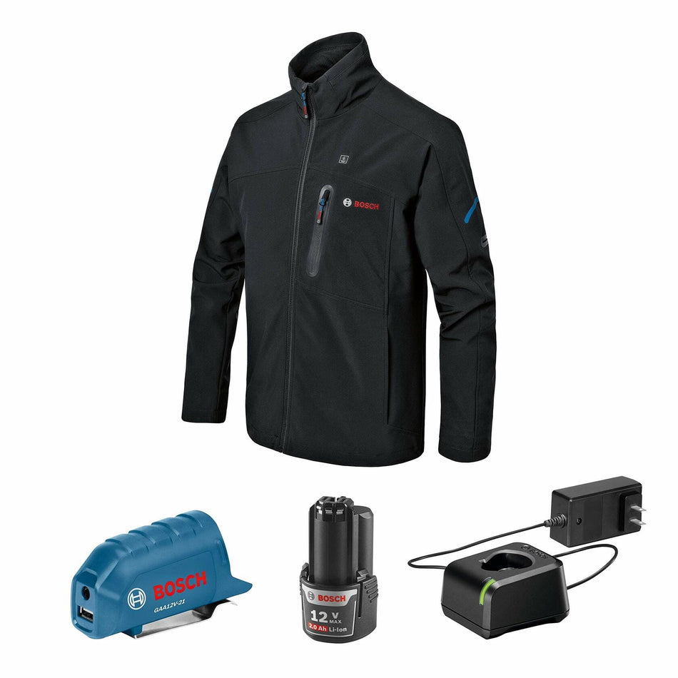 The complete Bosch GHJ12V-20 heated jacket kit laid out: a black jacket, a blue GAA12V-21 power adapter, a 12V 2.0 Ah Lithium-Ion battery, and a charger.