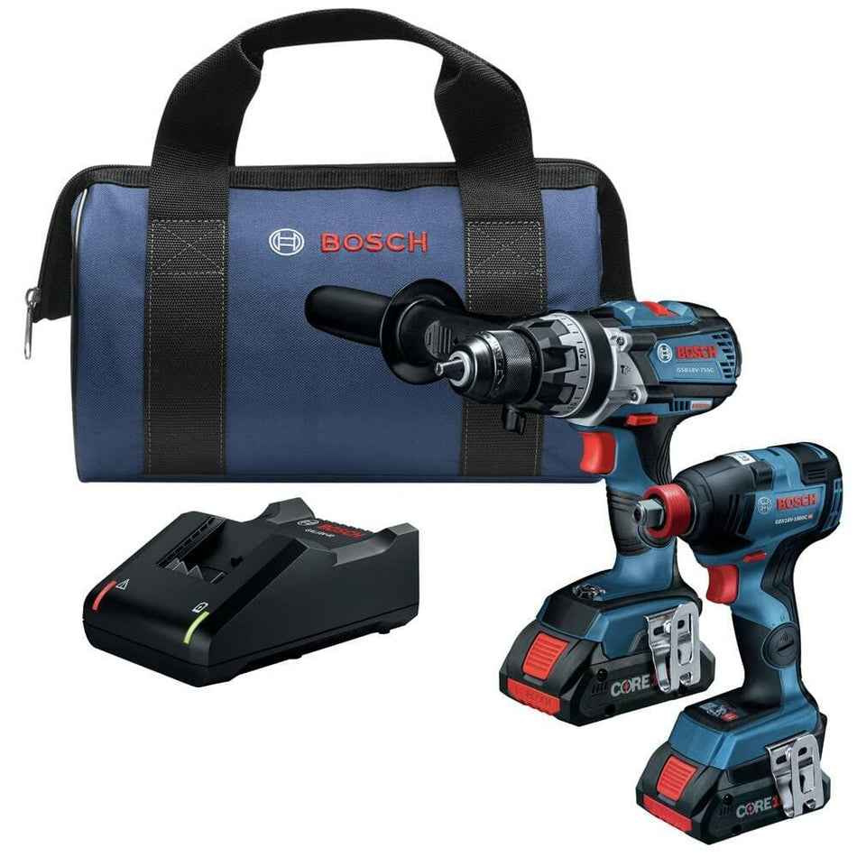 Bosch power drill set with blue carrying case, drill, battery, and charger on a white background