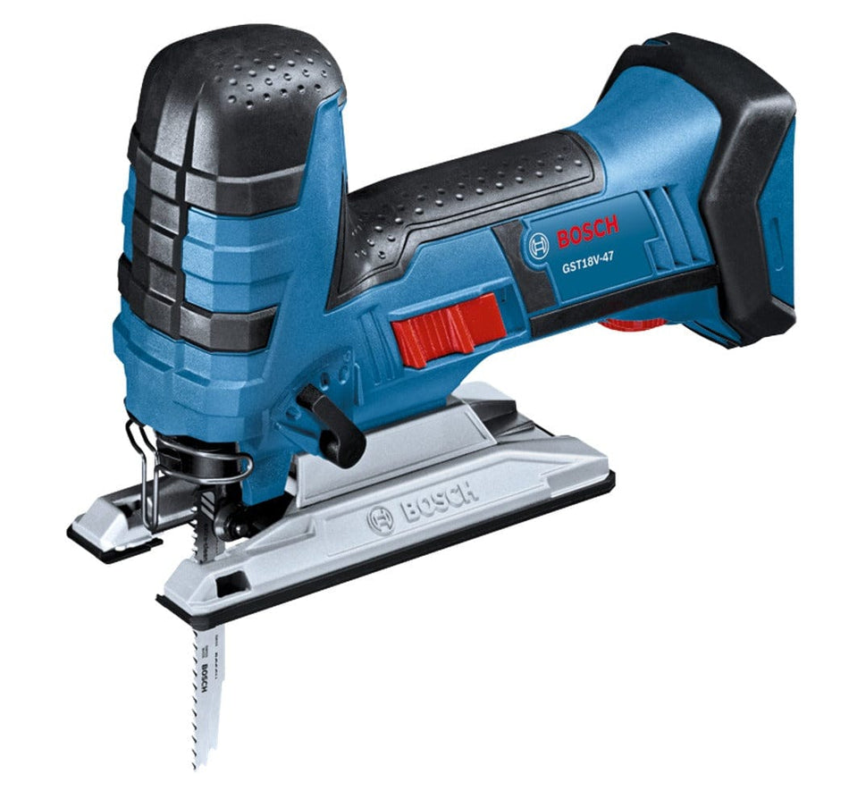 A three-quarter studio view of the Bosch GST18V-47 cordless barrel-grip jig saw with a T-shank blade inserted.