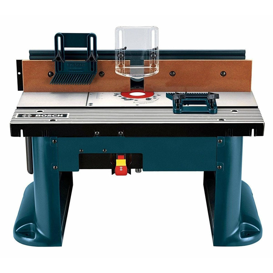 Front view of the Bosch RA1181 benchtop router table featuring a large precision-machined aluminum work surface, adjustable MDF faceplates, and dual adjustable featherboards for enhanced wood stability.