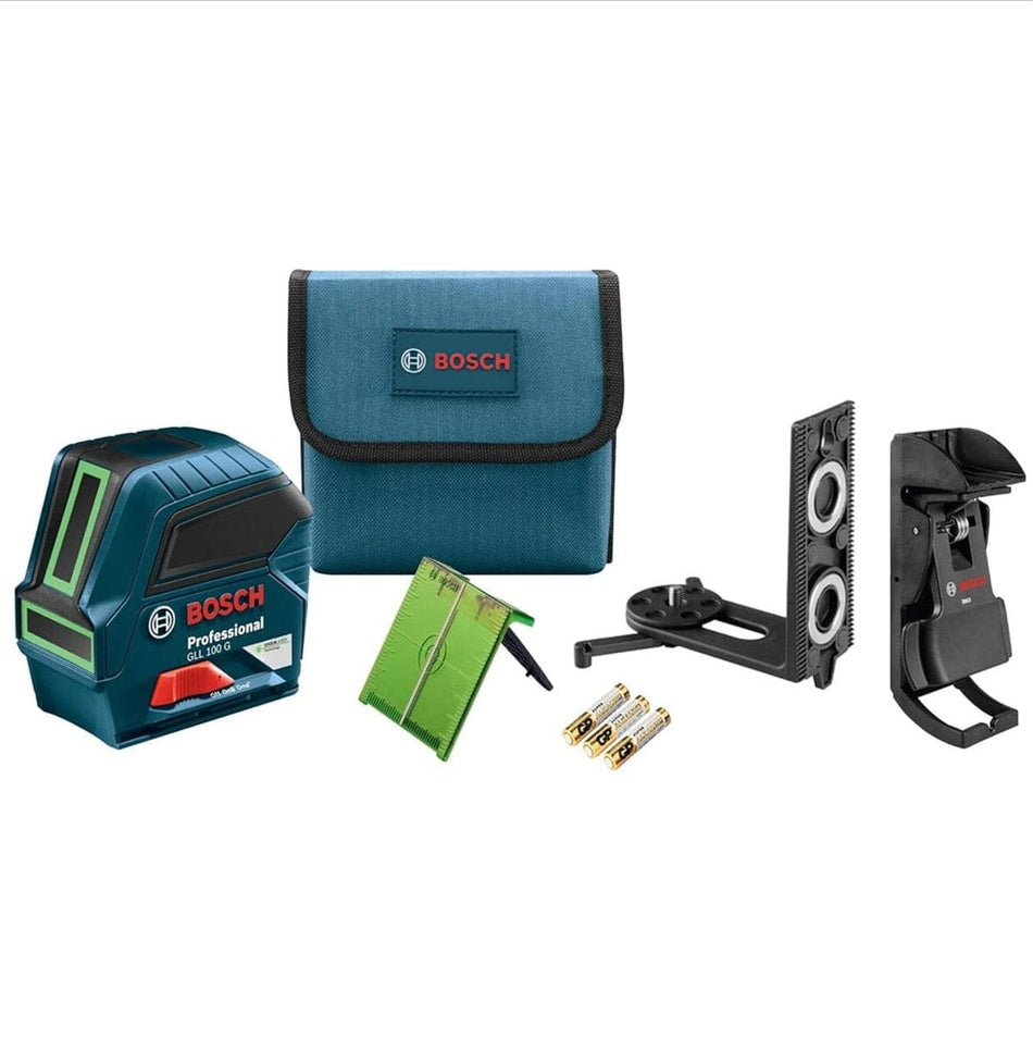 A comprehensive product kit shot of the Bosch GLL100GX-RT green beam laser level including the cross-line laser unit, BM3 positioning device, green laser target plate, heavy-duty carrying pouch, and three AA batteries.