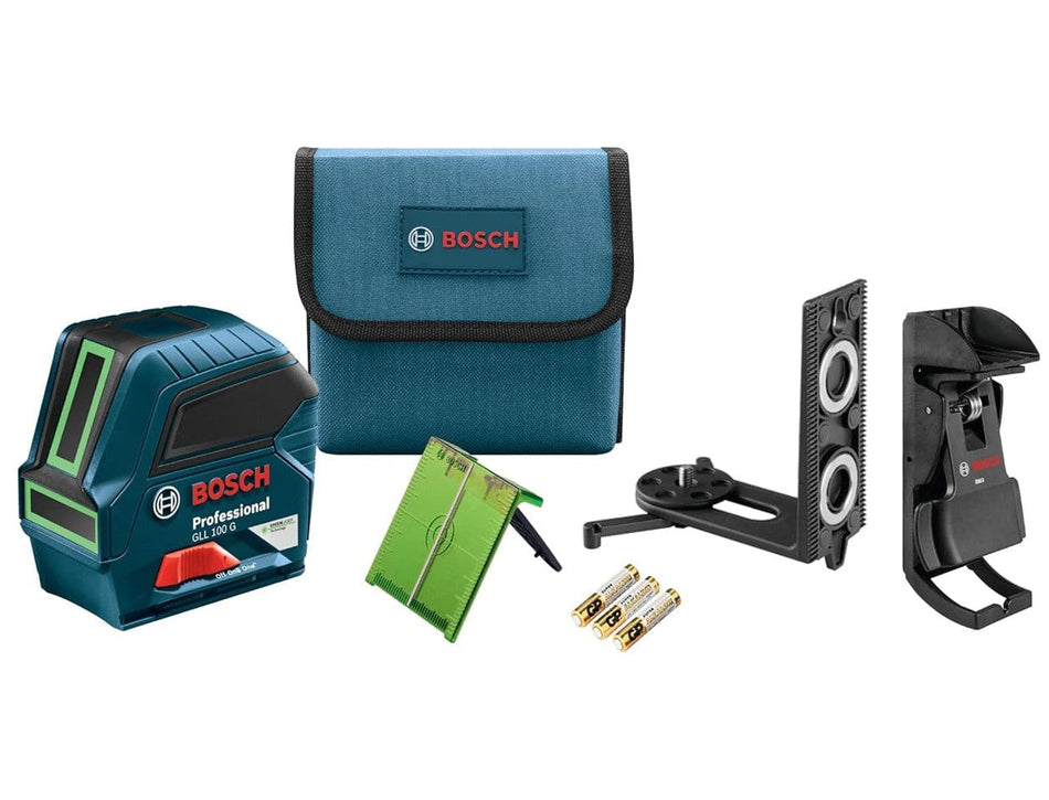 A comprehensive product kit shot of the Bosch GLL100GX-RT green beam laser level including the cross-line laser unit, BM3 positioning device, green laser target plate, heavy-duty carrying pouch, and three AA batteries.