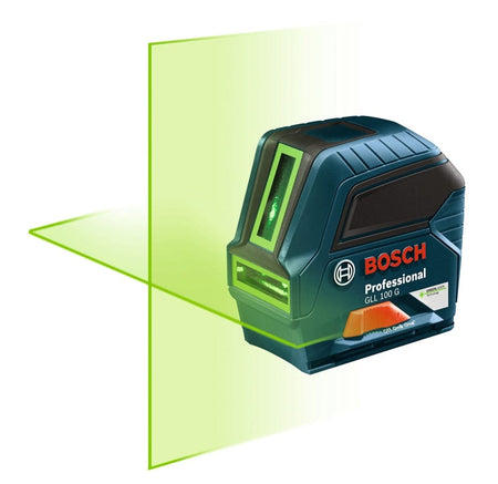 A studio shot of the Bosch professional GLL 100 G laser level projecting bright green horizontal and vertical cross-lines, demonstrating the high-visibility alignment guides for construction and layout projects.