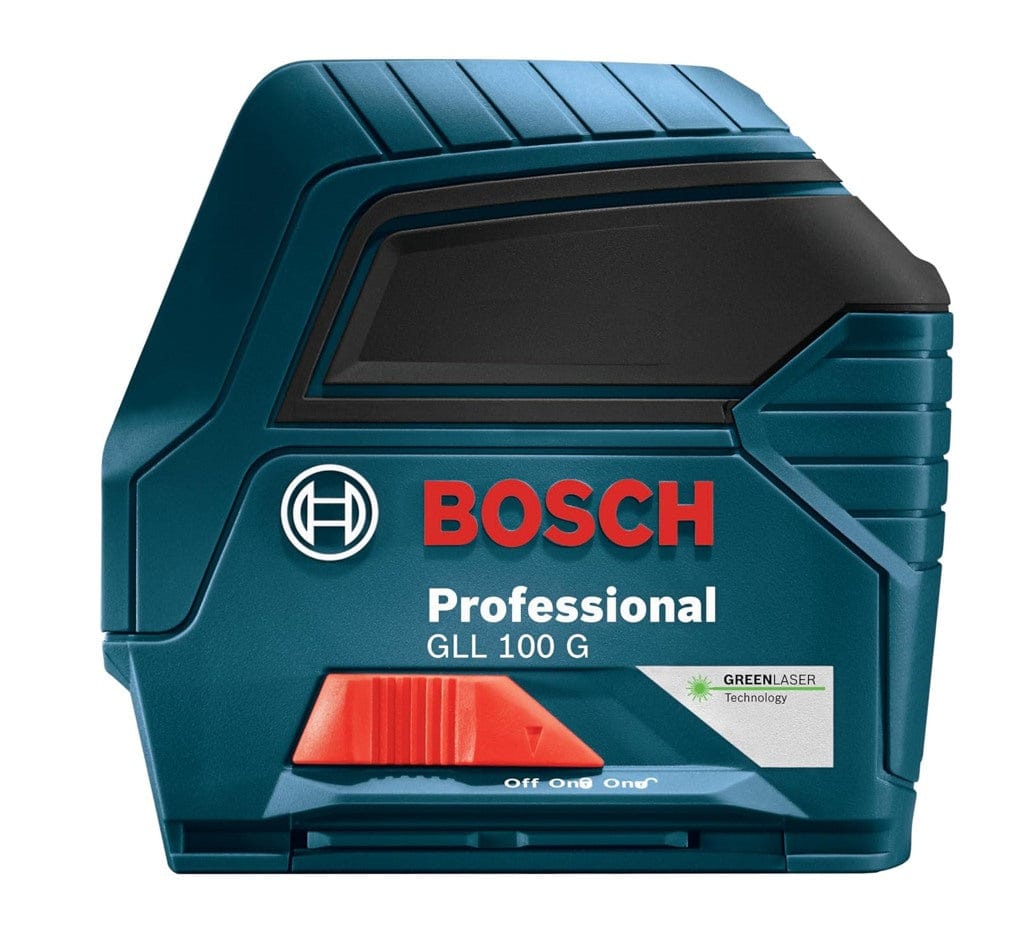 A side profile view of the Bosch GLL 100 G green beam laser level showing the compact design, ergonomic sliding power switch, and professional branding on the durable housing.